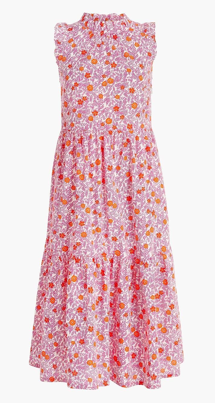 J.Crew Tiered Ruffle Sleeveless Midi Dress Pink Orange Floral Print 4 Small